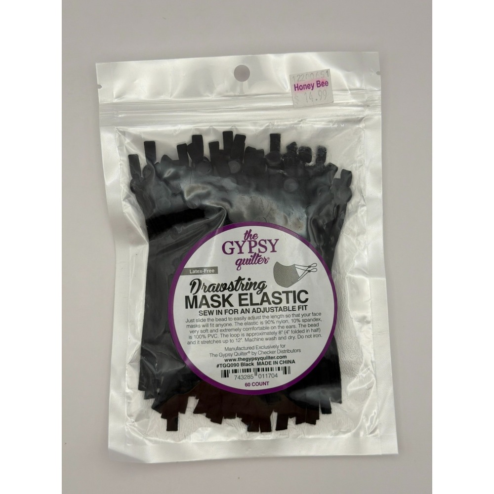 The Gypsy Quilter Drawstring Mask Elastic Black 60 Count Latex Free TGQ090